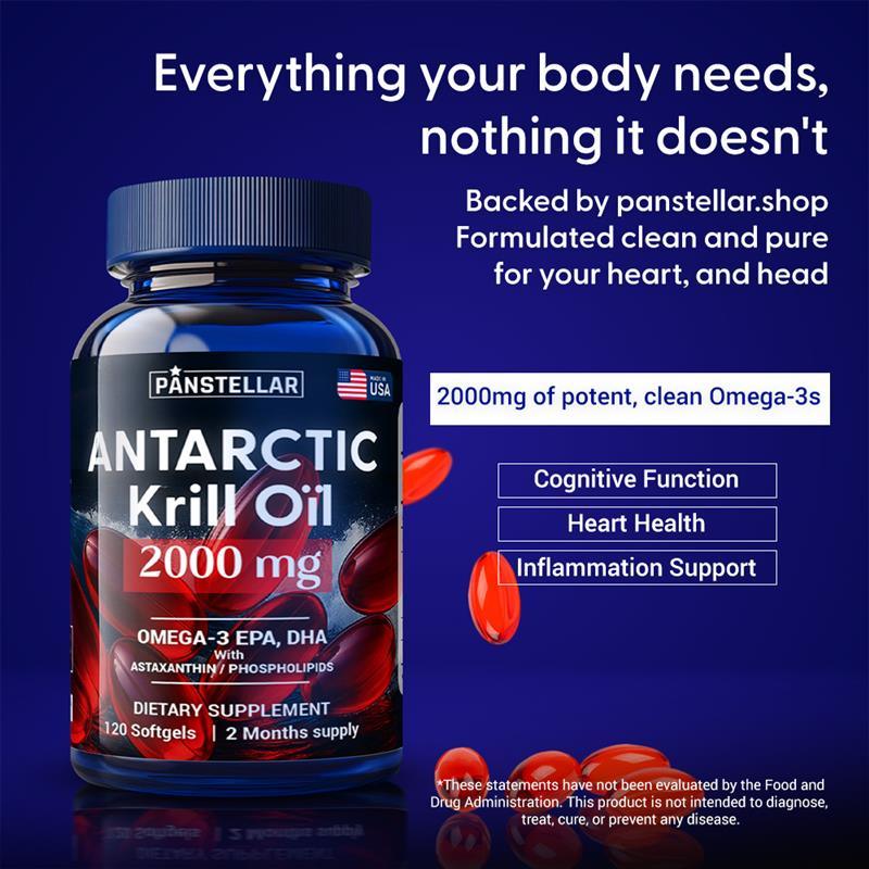 Antarctic krill oil 2000mg supplement bottle with omega-3 softgels, highlighting heart and brain health benefits.