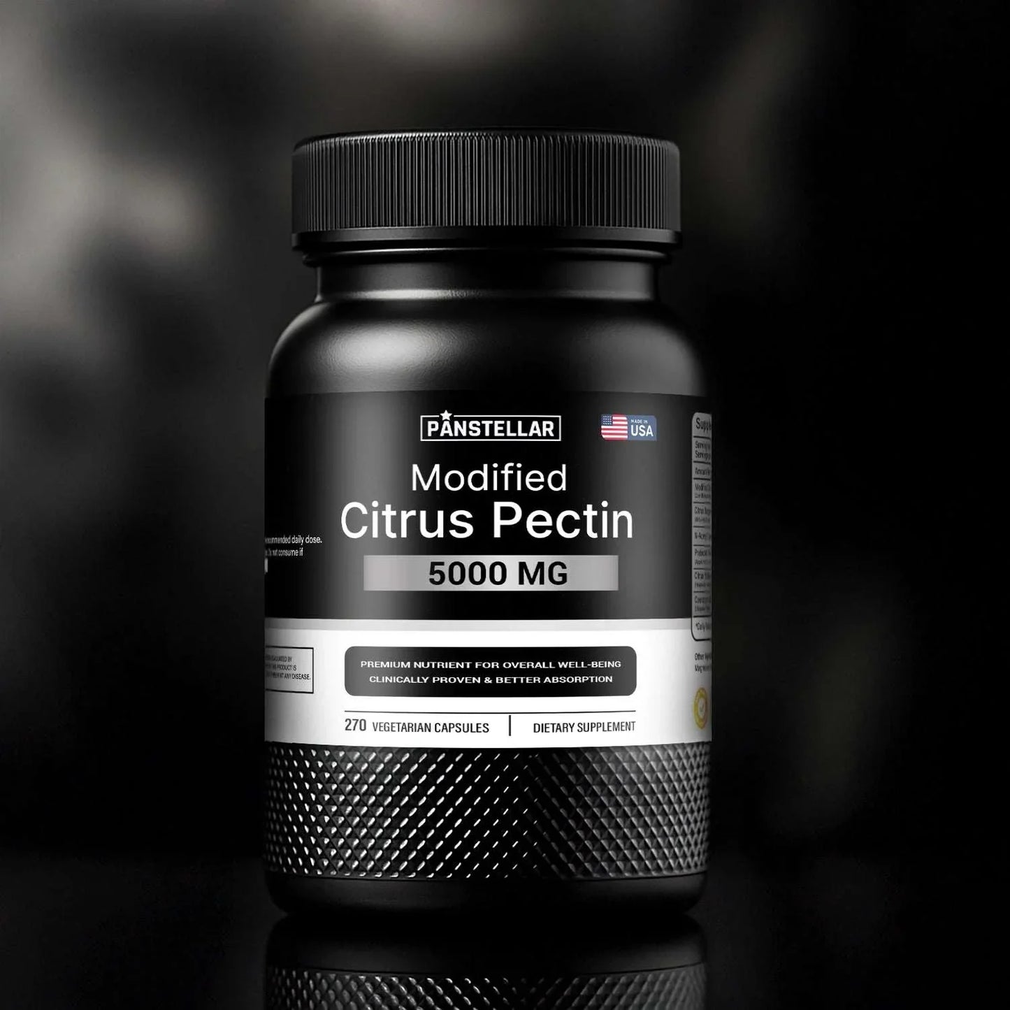 Modified citrus pectin 5000mg supplement bottle with black label, 270 vegetarian capsules