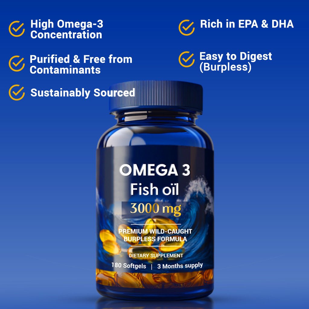 Omega - 3 Fish Oil, 3000mg, Premium Wild Caught & Burpless Fish Oil, 180 softgels - Panstellar Shop