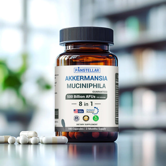 Akkermansia muciniphila probiotic supplement bottle with capsules on table, 500 billion AFU, dietary supplement