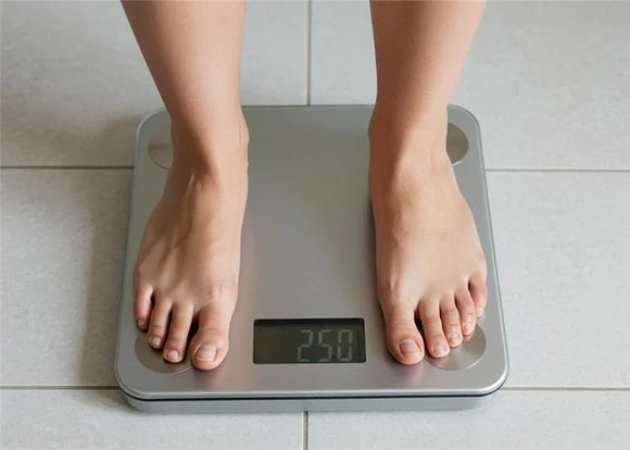Person standing on digital bathroom scale for weight measurement on tiled floor