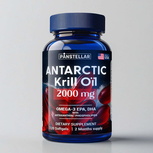 Antarctic krill oil 2000mg supplement bottle with omega-3 EPA DHA softgels, 120 count