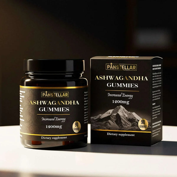 Ashwagandha gummies 1200mg dietary supplement jar and box, 90 count, on a dark background