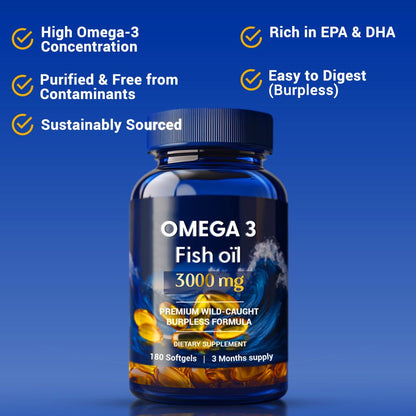 Omega - 3 Fish Oil, 3000mg, Premium Wild Caught & Burpless Fish Oil, 180 softgels - Panstellar Shop
