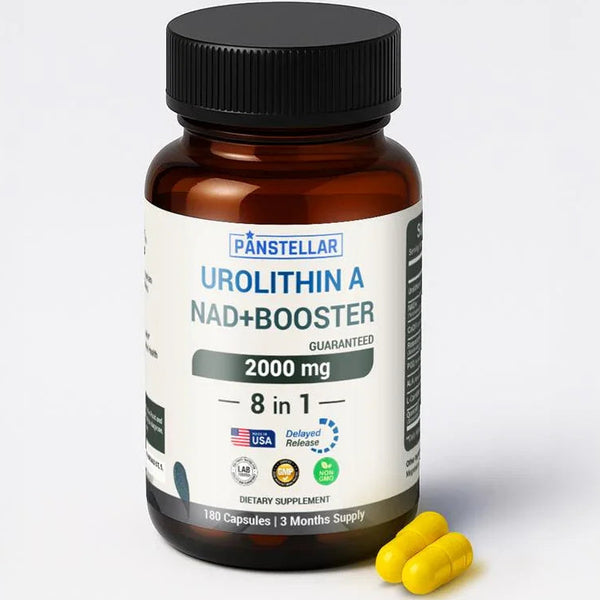 Urolithin A NAD+ Booster supplement bottle with two yellow capsules on white background