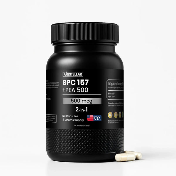 Black bottle labeled BPC 157 + PEA 500 supplement with capsules, 500 mcg 2-in-1, 60 count